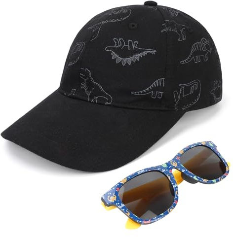QKURT Dinosaur Baseball Cap and Sunglasses Set for Boys and Girls, Summer Sun Hat Trucker Cap, UV Protection Sunglasses Beach Wear for Kids 4-8 Years Old Black