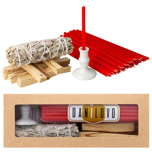 Danilovo Sahumerio Limpieza Energética - 5 Palo Santo, 1 Salvia Blanca para Quemar, 50 Velas de Cera de Abeja Natural y 1 Portavelas – Ideal para Meditación, Purificación y Aromaterapia
