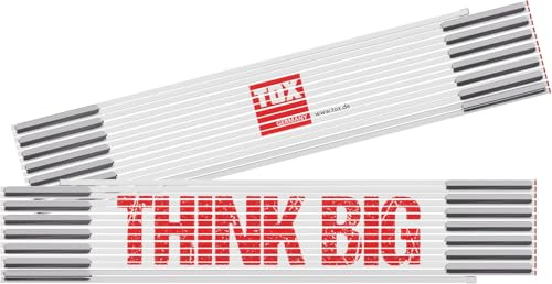 TOX Zollstock M 3m in Weiß - Meterstab mit Aufdruck „THINK BIG“ - elastischer Gliedermaßstab aus Glasbirke mit roten Enden und Dezimalzahlen - Genauigkeitsklasse III, 1 Stück, 09969008/T