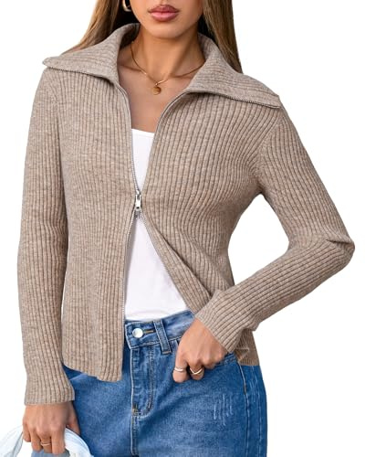 Arach&Cloz Women's Cardigan 2026 Zip Up Sweater Long Sleeve Lapel V Neck Fashion Knit Lightweight Sweatshirts Trendy Business Casual Jacket Outfits Tops Coffee M