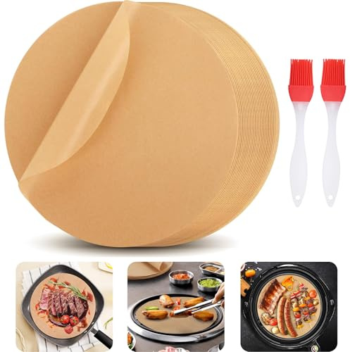 100 Blatt 30cm Backpapier Rund mit 2 Backpinsel, Hitzebeständig Antihaft Backpapier Zuschnitte Pizzablech Tortenunterlage für Heißluftfritteuse Ofen Grill Bratpfanne