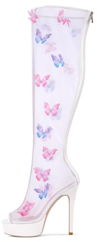 richealnini Butterfly Mesh Heels for Women Fishnet Platform Sandals Back Zip Up Long Shaft Over Knee Tall Boots White Spikes Stilettos Gladiator Sandals Punk Heels Gothic Pole Dance Shoes Size 7
