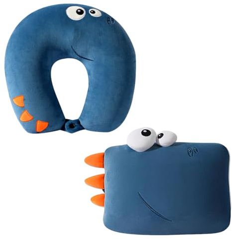 HOVCEH Reisekissen Kinder, 2 in 1 Nackenkissen Kinder, Ultraweich U-Geformte Nackenhörnchen Kid Auto, Niedlichen Dinosaurier Nackenkissen, Erwachsene, Flugzeug, Auto, Reisen (Marineblau)
