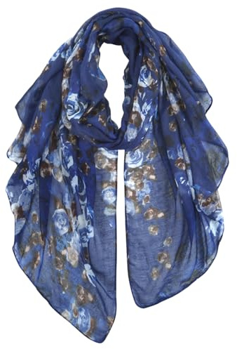 GERINLY Blue Rose Print Long Scarf, Ladies Lightweight Flower Shawl, Polyester Gauze Head Scarf Wraps (Darkblue)