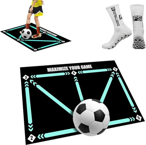 Aubzy Varumärke Stegträningmatta fotboll 60x90 cm – Slipskydd Dämpning Bollkontroll för barn 4-15 – Stegövningar med strumpor ingår – Perfekt för trädgård, fotbollsplan & idrottshall