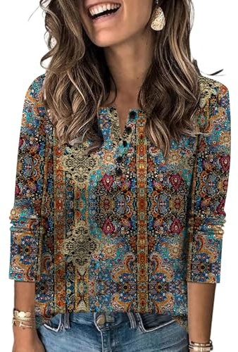 LUYAA Women's Button Down Shirts Long Sleeve Blouses for Women Printed V Neck Boho Business Casual Shirts Ethnic Print XXL