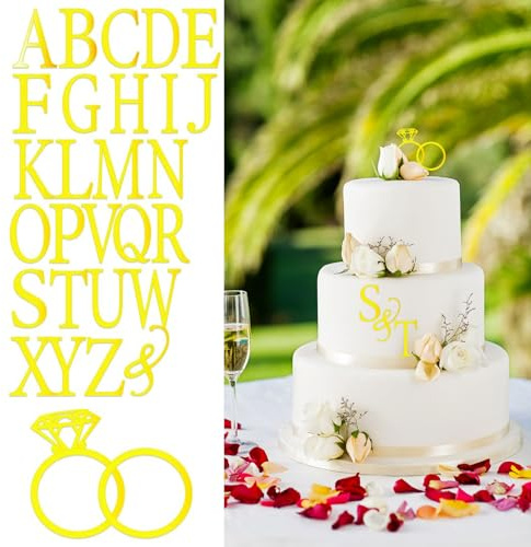 Auroriel Decoración de Pasteles de Boda Topper Anillo de Diamante Topper de Pasteles con 26 Letras Iniciales Personalizadas de Novia y Novio Decoración de Pasteles con An
