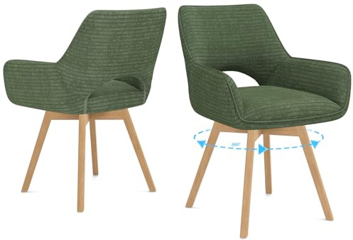 WAFTING Esszimmerstühle 2er Set Drehbar 360°,Armlehnstuhl,Küchenstuhl,Grün | Holzbeine,Buche,Cord Stoff,Küchenstuhl,Wohnzimmerstuhl,Polsterstuhl mit Samt,Restaurant,Schlafzimmer,Esszimmer,Konferenzraum