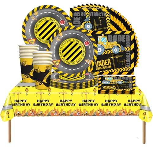 61 piezas Juego de vajilla para fiestas con temática de vehículos de construcción, motivos de excavadoras y bulldozers, juego de vajilla para cumpleaños infantiles, fiesta para niños