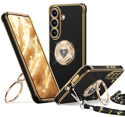 XYZ Coque pour Samsung Galaxy S26 Plus, avec Double Anneau de Support Cœur, avec Lanière pour Filles etmmes, Coque de Protection Luxe Mignonne et Scintillante pour Samsung S26 Plus, Noir