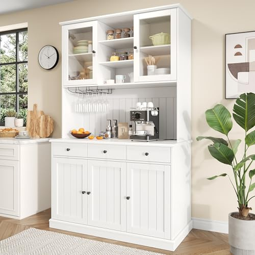 Huayz Armadio da cucina con piano di lavoro, 191 cm, alto buffet, con 5 ante e 3 cassetti, presa di corrente integrata e funzione di ricarica USB, per bar, cucina, sala da pranzo (bianco)