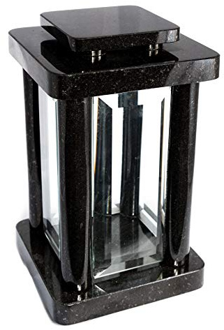 Afterglow Monument de lampe funéraire de haute qualité en véritable granit suédois noir - 25,5 cm/Ø 14,5 cm - Lampe funéraire - Lanterne en granit socle en bronze - Décoration funéraire