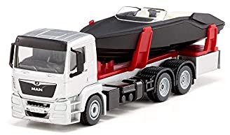 SIKU 2715, Camion con motoscafo, 1:50, Metallo/Plastica, Argento/Nero, Motoscafo giocattolo galleggiante