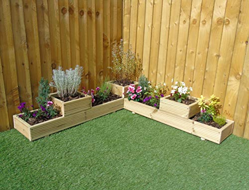 Large 2 Tier Corner Castle Wooden Decking Patio Planter Trough Display (Natural)