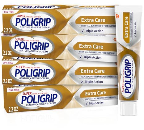 Super Poligrip Extra Care Denture Adhesive Cream, Zinc Free Denture Cream - 2.2 Ounces (Pack of 4)