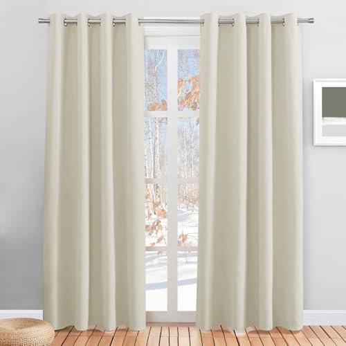 PONY DANCE Thermovorhang Kälteschutz mit Ösen Übergardinen 2er Pack H 200 x B 140 cm Hellbeige, Verdunkelnde Vorhänge Wohnzimmer Deko Verdunklungsgardine Thermal Curtains