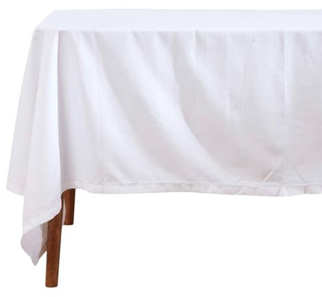 HOMESCAPES White Table Cloth, Plain Cotton Tablecloth, Extra Large Rectangular, Handcrafted & Durable Dining Table Cover with Hem Stitch, Hypoallergenic, Washable, 178 x 300cm