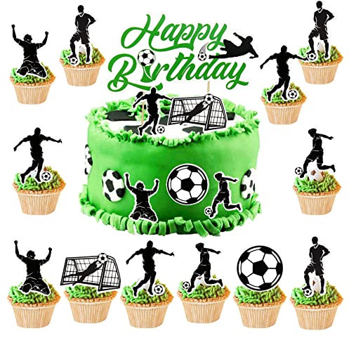 HOWAF 25 Decoration Gateau Anniversaire Garçon Deco Gateau Foot Football Cake Topper Happy Birthday Cupcake Toppers de Gâteau de Football Topper pour Enfants Decoration Anniversaire Fête de Football