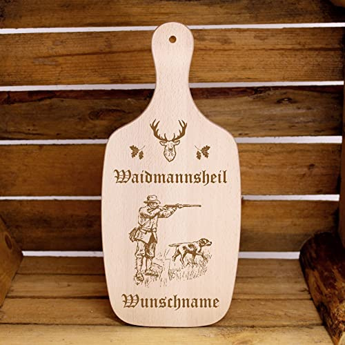 Waidmannsheil Weidmannsheil Wooden Board Chopping Board with Name of Choice Breakfast Board with Engraving Wolf Deer Fox Wild Boar Gift for Hunters 34 x 15 cm (Waidmannsheil Hunter Dog)