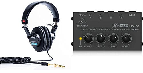 Sony MDR-7506 Cuffie Stereo, Dinamiche Professionali, Driver da 40 mm, Adattore 3.5mm / 6.3mm, Nero & BEHRINGER HA400 BK BLACK MICROAMP AMPLIFICATORE PER CUFFIE 4 CANALI STEREO COLORE NERO