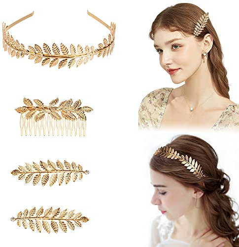 Coiffes de Feuilles de Laurier Dorées pour Filles Couronne de Laurier Doré Couronne de Déesse Bandeau de Mariée pour Mariage Fête Fête Dansante 4 Pièces