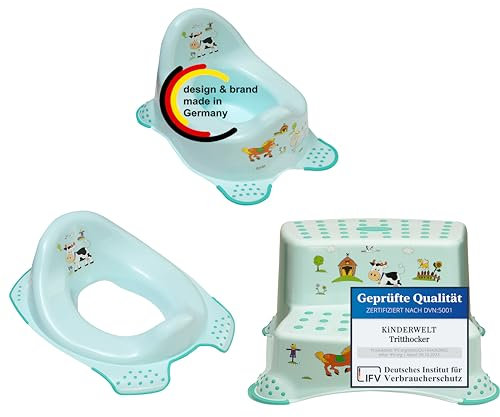 KiNDERWELT 3er Set Premium Toilettensitz, zweistufiger Hocker und stabiles Töpfchen für Babys und Kinder -Funny Farm Design aquamarin - Toilette für Kleinkinder