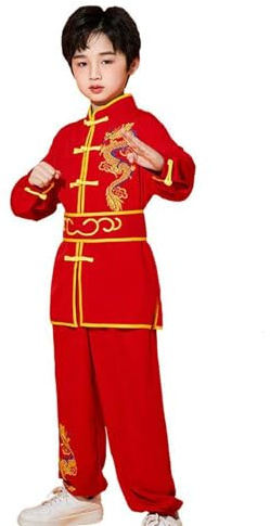 YEMYIQZ Kung Fu Uniform for Boys Girls Kids Traditional Chinese Embroidered Tai Chi Wing Chun Master Martial Arts Set Outfit (Red, M)