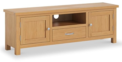 RoselandFurniture London Oak 140cm Large TV Unit for Living Room | Fully Assembled, Television Cabinet Storage, Lacquered Solid Wood Finish, Suitable for 55 Inch Screen, Contemporary Style