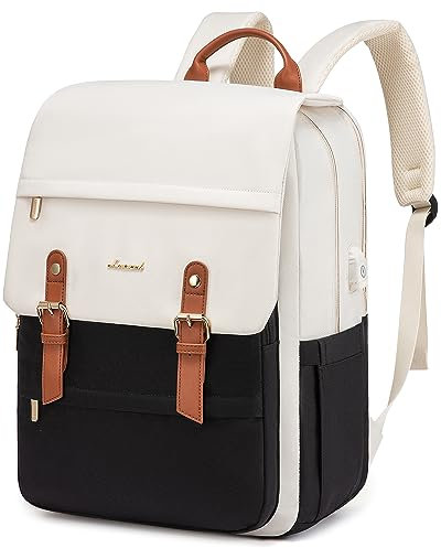 LOVEVOOK Schulrucksack Teenager Mädchen, Rucksack Damen Wasserdicht, Laptoprucksack 15,6 Zoll diebstahlsiche, Lässig Schulranzen Cityrucksack, Handgepäck, Daypack für Ausflüge, Schule, Beige Schwarz