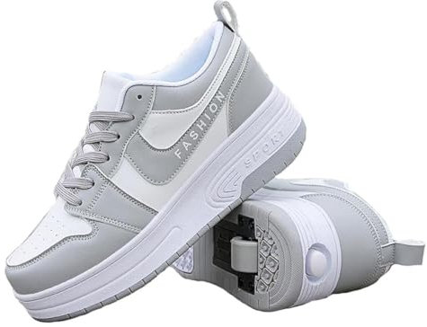 GeRRiT Sportschuhe Skateboard Outdoor Gymnastik Turnschuhe Jungen Mädchen Freizeitschuh Schuhe Mit Rollen Drucktaste Einstellbare Skateboardschuhe Schuhe mit 2 Rollen,Gray-34EU
