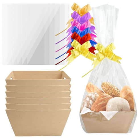 6 Pcs Geschenkkorb, 25x20x11,5cm, Präsentkorb Leer mit 6 Klare Taschen und 6 Ziehen Schleifen, Geschenkkörbe Pappe mit Griffen für Frauen Männer, Geschenke Korb Geschenkpakete Geburtstage Wein Gourmet