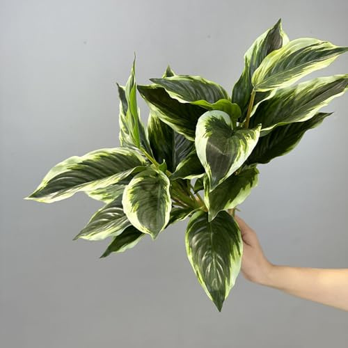 Shirfloral 2 Packs Variegated Hosta Artificial Plant 17.7 Faux Green Dieffenbachia Greenery Plants Outdoor Shrubs for Indoor Office Porch Yard UV Resistant Planter Filler (2)