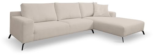 Ecksofa mit Schlaffunktion Aspen, Beige Velourstoff, Ottomane Rechts
