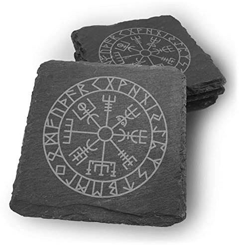 Samunshi® Schiefer Untersetzer Vegvisir Gravur für Gläser - 4er Set Design Glasuntersetzer in dunkelgrau für Getränke, Tassen, Glas - Getränkeuntersetzer