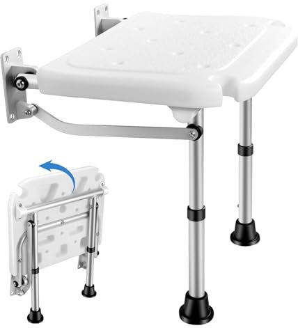 Folding Shower Seat, Wall-Mounted Shower Stool with 5-Position Height Adjustment, Hidden Wall Seat with Non-slip Support Legs, Shower Chair for Elderly, Disabled, Pregnant Woman or Injured
