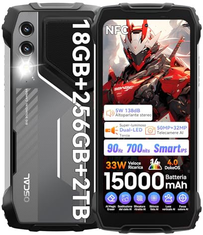 OSCAL PILOT 1 Rugged Smartphone 2025, 18GB+256GB/2TB TF|15000mAh/33W| 50MP+32MP Telefono Indistruttibile|170LM LED telefono robusto| 90Hz+6,67 FHD|Android 14| NFC/GPS/Fingerprint/Dual SIM/OTG