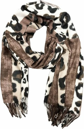 Jeamis XXL Leopard Farbverlauf Herbst Schal Winter Schal Stola Tuch Übergangsschal Wolle Baumwolle mit Fransen Leo