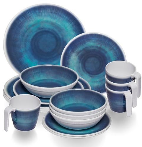 Jesolo Service de table en mélamine pour 4 personnes – 16 pièces – avec tasses aspect faïence – Passe au lave-vaisselle Vaisselle de camping Camping Camping Festival pique-nique Jardin Party