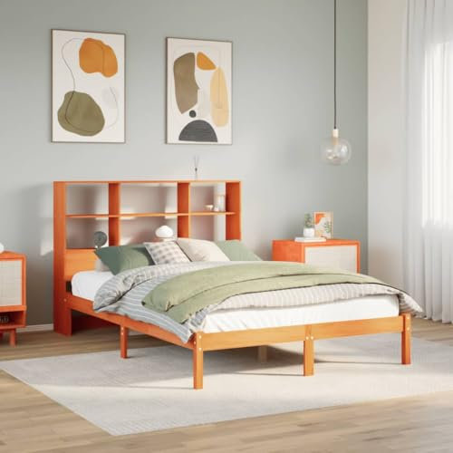 Iiaky Massivholzbett mit Regal ohne Matratze Bett Mit Stauraum Massivholzbett Holzbett Bettgestell Wachsbraun 150x200 cm // 3321606