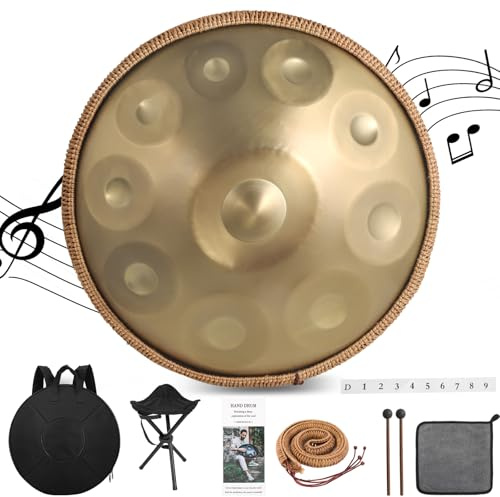 Derlvbak Handpan Instrument, 22 Zoll 9/10 Töne 440/432HZ Hand Pan Drum Steel Tongue Drum Zungentrommel für Yoga, Meditation mit Handtaschen Trommelstöcken, Trommelständer (10 Töne-432HZ)