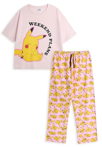 Pokémon Ensemble Pyjama Rose à Manches Courtes et Jambes Longues Pikachu pour Femme | Plans du Week-End Vêtements de détente Graphiques | Pyjamas de Dessin animé avec Bas à Cordon