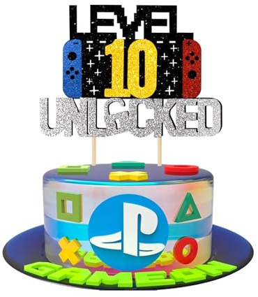 Videospel tårtdekoration födelsedag, glittrande spelkonsoler – tema, cupcake-topp, perfekt spelkaka toppare för 10 år pojke och flicka födelsedag (svart guld 10)