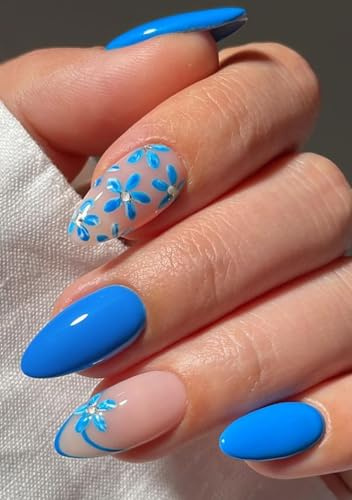 JMEOWIO Nagelfolie UV Härtend Blauer Blumen French Tip UV Gel Nail Strips Nagelsticker Nagelaufkleber Nail Art Dekoration Nageldesign Zubehör