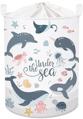 HUUMONSS Grande Cesta Porta Biancheria Animali Marini Pieghevole Cestini Portaoggetti Giocattoli/Vestiti per Genitore Cesta Indumenti Sporchi per Bagno, Delfini Blu, 63L