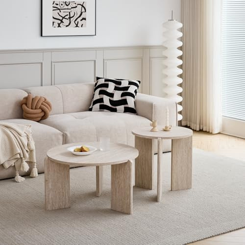 JZGORC Juego de 2 Mesa de Centro, Mesa de Salón con Efecto Travertino Amarillo Imitación, Diseño de Tres Patas, Mesa Auxiliar de Salón de Estilo Minimalista Moderno, Adecuada para Salón Dormitorio