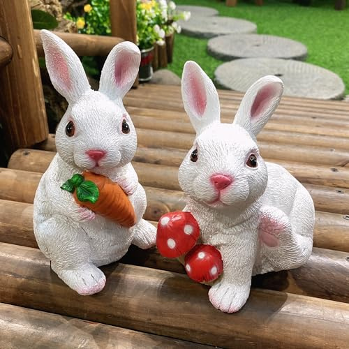 Wliwwo Rabbits Ornaments Outdoor Statues Figurines Set of 2 Indoor Outdoor Resin Figurines Decorations for Patios, Gardens, and Yard Decor Birthday Gifts(White)