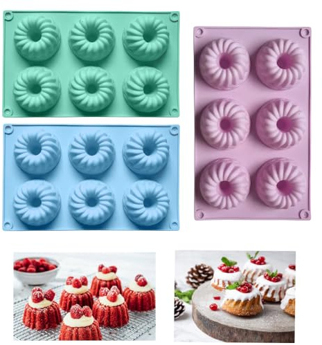 Firavggu 3 Stk Mini Gugelhupfform Silikon Gugelhupf Form Silikonform 6 Capacity Klein Savarin Gugelhupf Kuchenform Backform Antihaftbeschichted Cake Form für Kuchen Muffins Brownie Pudding