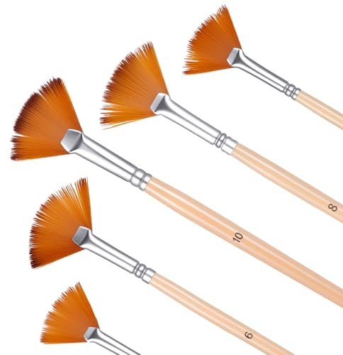 BOHUIZ 5 Pcs Fan Brush for Painting, Anti-Shedding Artist Fan Brush Set | Long Wood Handle Paint Brushes Soft Nylon Hair Professional Artist Painting Brushes for Acrylic Oil Watercolor Gouche