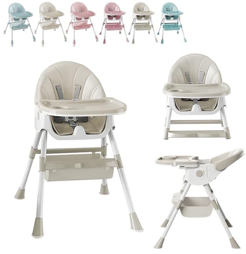 XUANYU Chaise Haute Evolutive pour Bébés et Enfants, Chaise à Manger Pliable avec Hauteur en 2 Positions et Angles d'Inclinaison, Chaises Confortable pour Ilot, Cuisine et Manger (4 en 1 Beige-blanc)