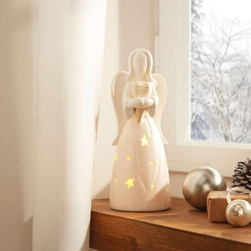 FRANK FLECHTWAREN LED-Engel Goldenes Herz, Porzellan, mattweiß, Gold, warmweiße LED, batteriebetrieben, An-/Aus-Schalter Maße: Höhe 20 cm, ohne Batterien, nur für den Innenbereich geeignet